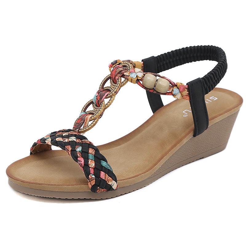 Fashion Brand Casual Summer Fashion Small Wedge Lightweight Sandals Women Elastic Band Beaded Jewel Petal Shoes Rome Ankle T-strap