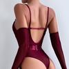 Tight Lingerie Lace Bodysuit Sexy See Through Erotic Bodysuit with Gloves Garter Night Clubwear Outfit Sissy Crotchless Mesh Top