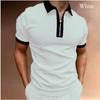Short Sleeve Zipper Turn Down Collar T Shirt for Men Plus Size Tee Man Patchwork Tops