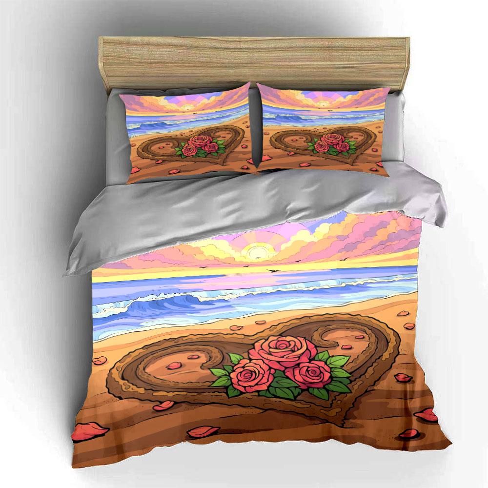 Romantic Beach Heart Decor Set Bedding Set with 1 Duvet Cover 2 Pillowcases Single Double King Queen, Gift