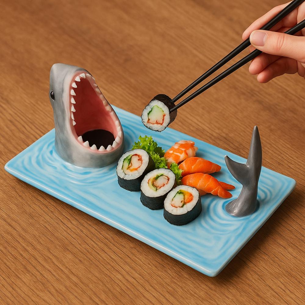Tableware 3D Shark Ceramic Plate Independent Sauce Area Large Capacity Dumpling Plate Ceramic Japanese Style Food Platter Gift