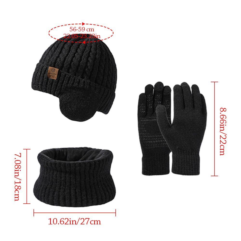 3Pcs/set Knitted Beanie Hat Scarf Warm Ear Protection Cap Fleece Lining Scarves for Men Women