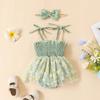 Baby Girls Romper Set, Spaghetti Straps Pleated Flower Print Tulle Patchwork A-line Dress with Bowknot Headband
