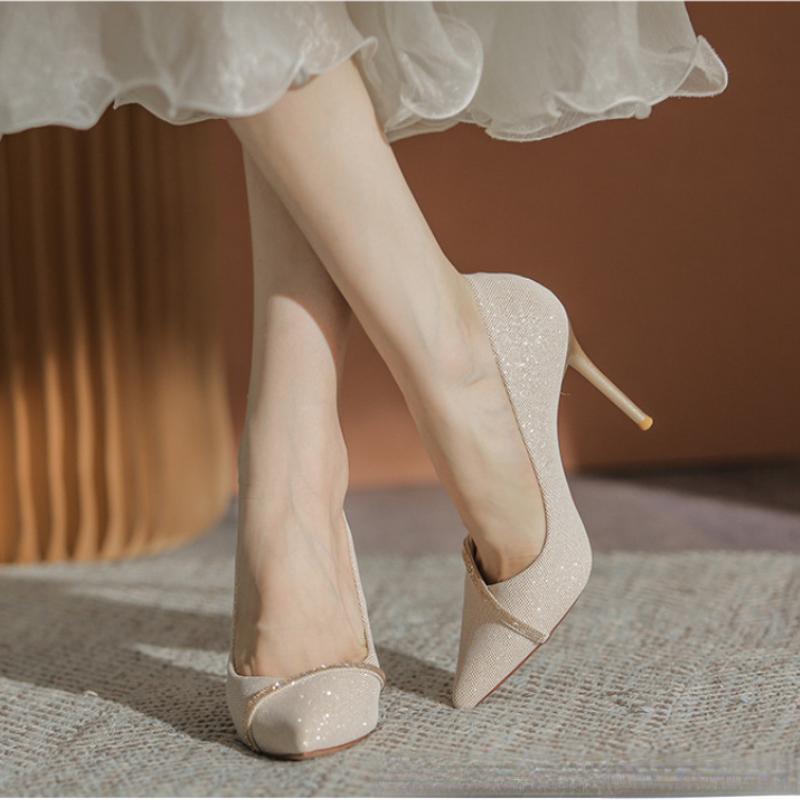 Korean Version Nude Single Shoe Women's 2024 New Spring Fashion French Pointed Diamond Inlaid Minimalist Slim Heel High Heels