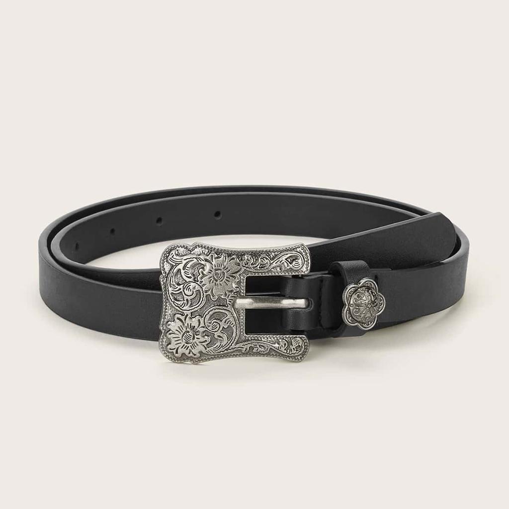 Ancient Silver Retro Carved European and American Casual Women's Thin Waist Belt, Black Thin Waist Belt for Women, Versatile Classic Belt for Women