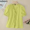 VONDA Women V Neck Puff Sleeve Buttons Up Ruffled Solid Casual Blouse