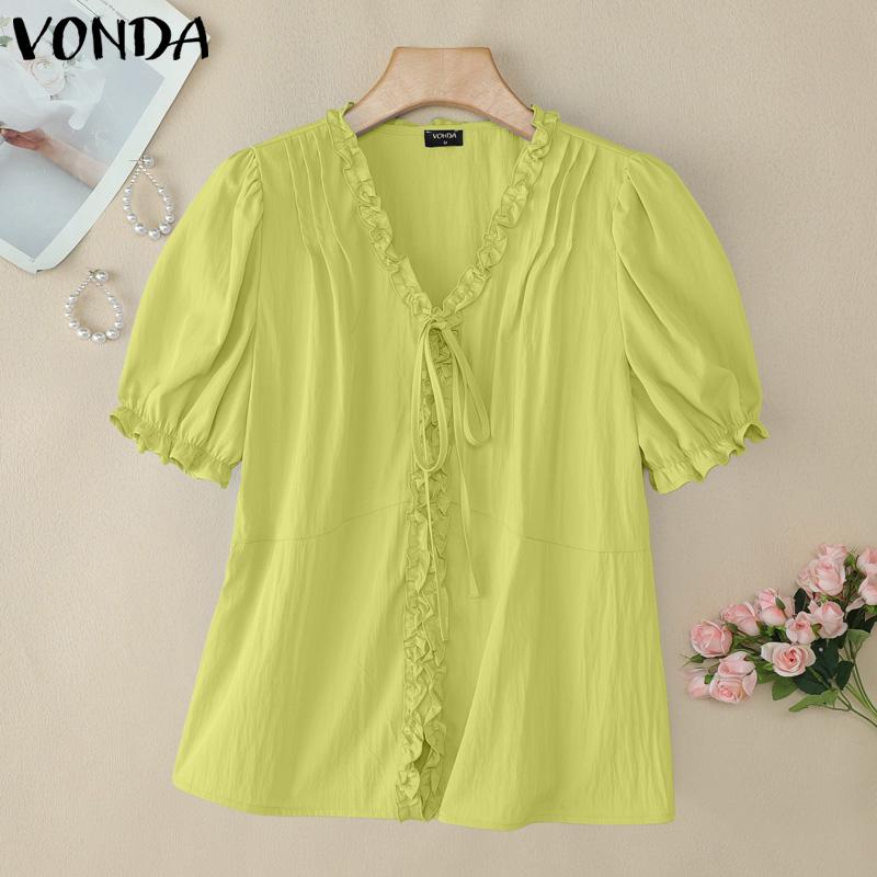 VONDA Women V Neck Puff Sleeve Buttons Up Ruffled Solid Casual Blouse