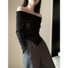 Autumn Winter One Word Collar Slit Irregular Sweater Women Long Sleeve Off the Shoulder Knitting Bottomed  Top