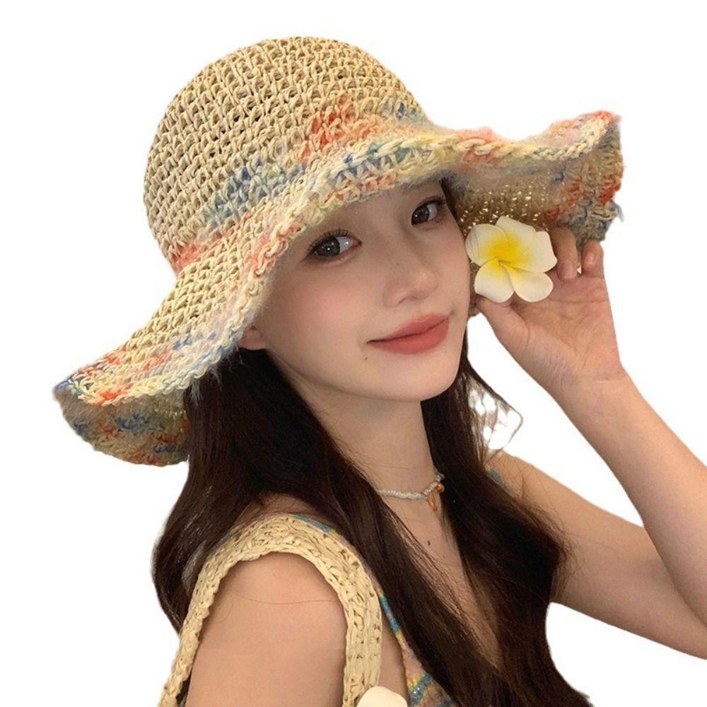 Foldable Wide Brim Straw Hat Colorful Women's Sun Visor Hats Casual Weave Bucket Hat Holiday