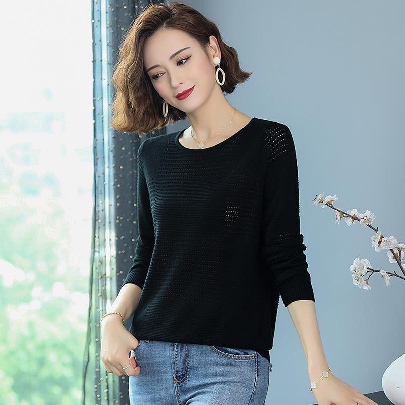 Women Round Neck Knit Sweater Female Spring and Autumn Solid Color Loose Thin Fashion Thin Section Bottoming Shirt Tops