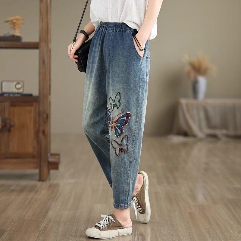 Plus-size Nine-point Haren Pants Butterfly Embroidered Embroidered Vintage Elastisted Jeans for Women