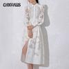 Vintage Style Spring and Summer Women's Lapel Long Lantern Sleeve Mid-length Embroidery Hollowed Out Solid Colour Dress