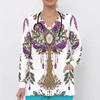 Women Plus Size Printed Nurse Scrub Top V Neck Long Sleeve With Front Pockets Black Blue Green Dotted Floral