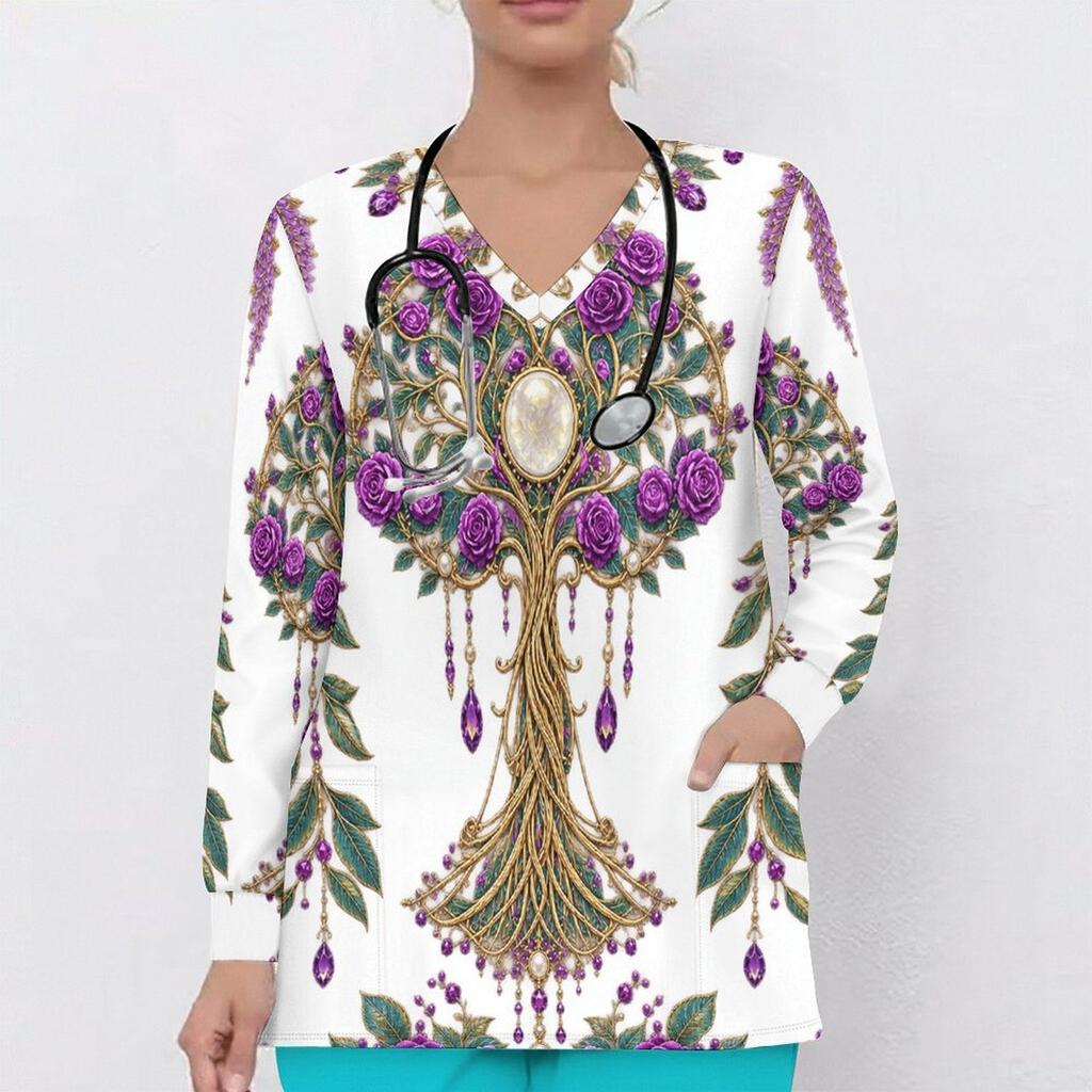 Women Plus Size Printed Nurse Scrub Top V Neck Long Sleeve With Front Pockets Black Blue Green Dotted Floral