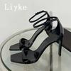 Fashion Liyke Summer Fashion Ankle Cover Strap Sandals Women Black Patent Leather Square High Heels Banquet Party Shoes Sandalias Mujer
