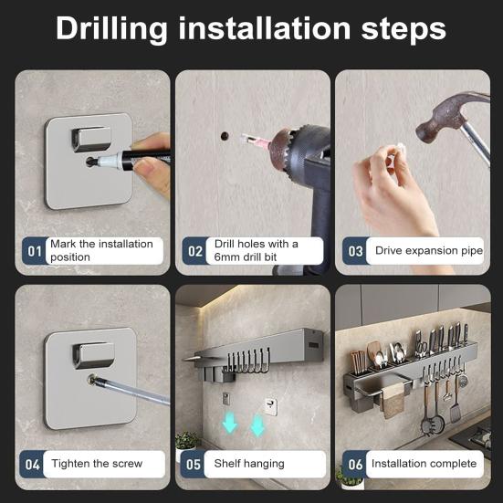 Kitchen Cutlery Holder Wall Mounted Cutter Holder with Hooks Carbon Steel Cutter Storage