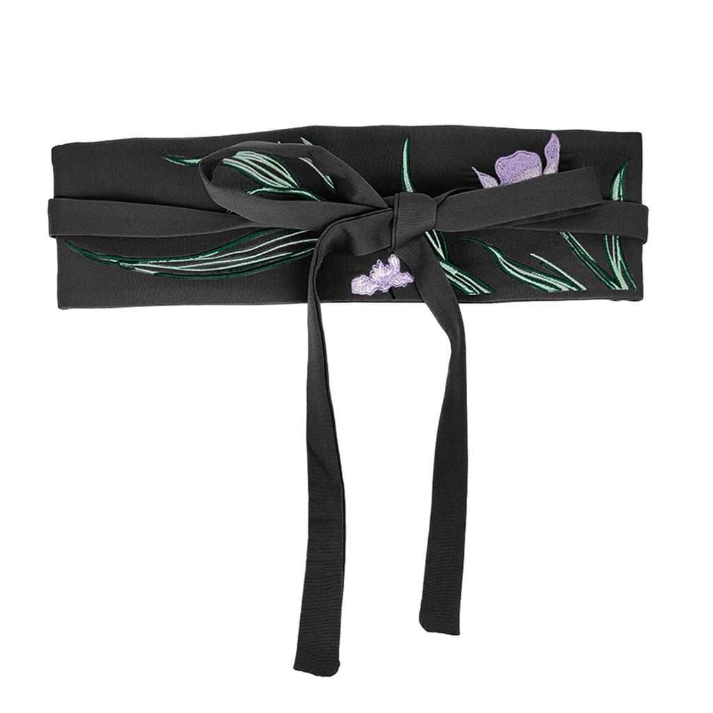 Chinese Mamianqun Hanfu Clothing Waistband with Embroidery Wide Tie Belt with Orchid Flower Pattern for Mamianqun