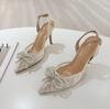 Fashion New Spring 2025 White High-Heeled Women'S Pearl Bow Lace Pointed Toe Sexy And Versatile Sandals