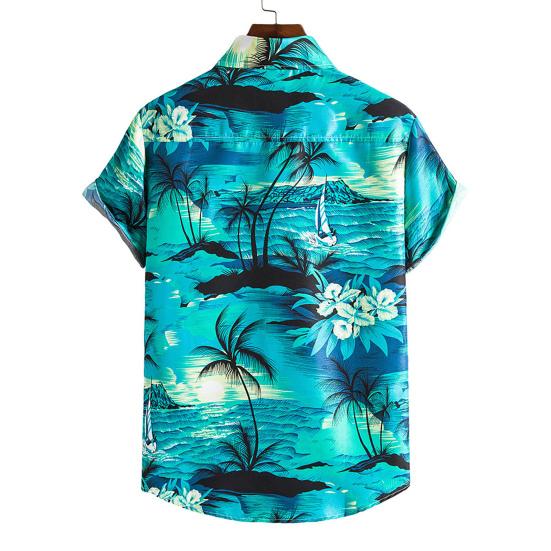 Turn-down Collar Short Sleeve Men Shirt Buttons Down Summer Coconut Tree Print Hawaiian Shirt for Travel