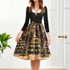 Women's Fashion Round Casual Slim Fit Christmas Print Large Swing Long Sleeve Dress