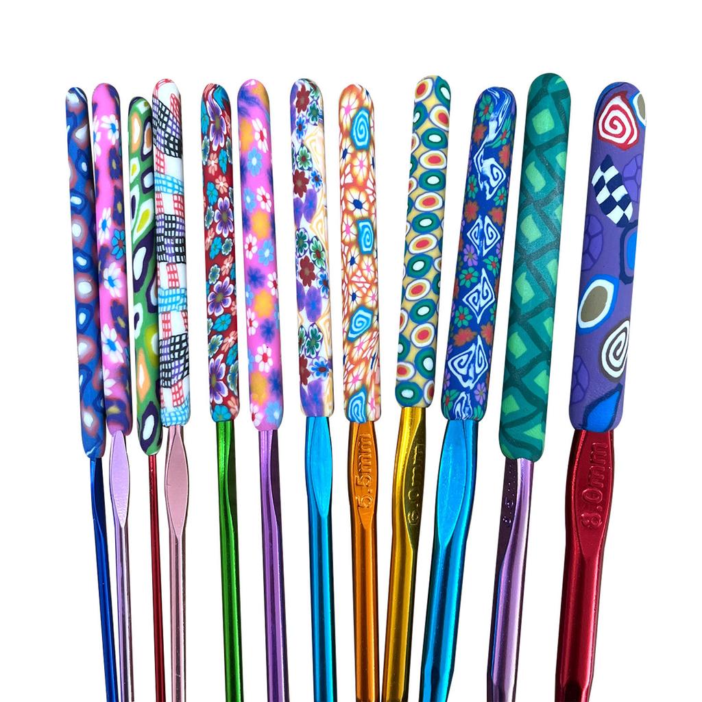 Handmade Crochet Hooks Set 12 Pcs Soft Clay Floral Handle Metal Yarn Needles for Knitting