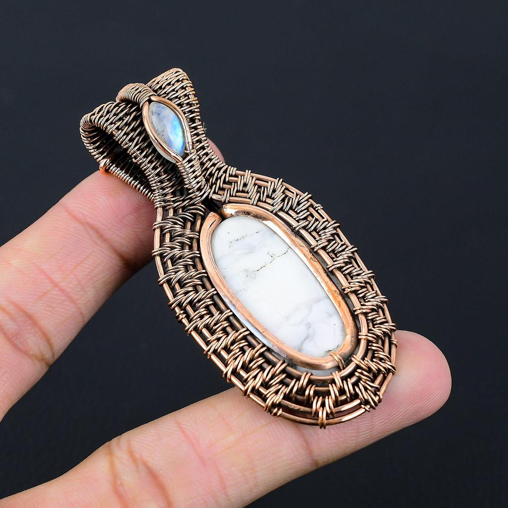 Unique Howlite & Moonstone Gemstone Handmade Jewelry Pure Copper Wire Wrap Pendant