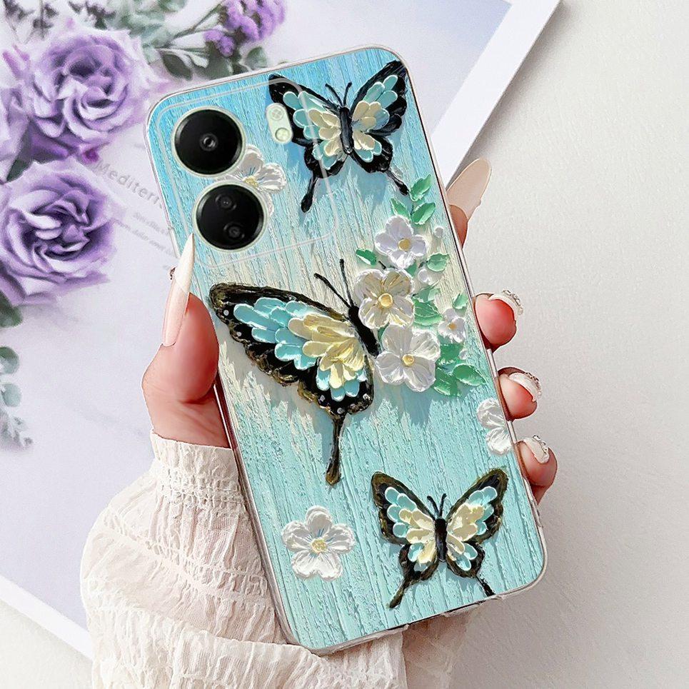 For Xiaomi Redmi 13C 5G 4G  Back Bumper Redmi 13 4G Colorful Butterfly Flower Painting Phone Case Transparent Soft TPU Silicone