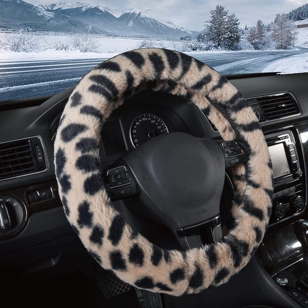 Road Comforts Leopard Plush Steering Wheel Cover For Winter, Made With Flurry Microfiber, Universal Fit 14 1/2 To 15 Inches Steering Wheel Cover,