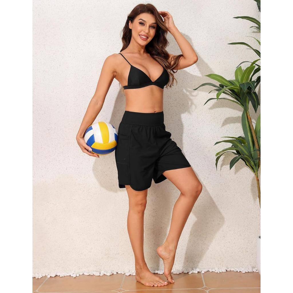 CHARMLEAKS Women's 6" Swim Shorts High Waisted Board Shorts with Pockets Quick Dry UPF50+ Swimsuit Bottoms Built-in Brief