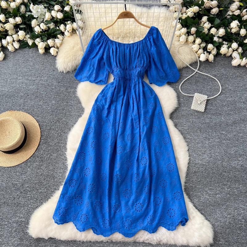 French sweet fairy one-word shoulder hollow embroidery dress, female waist and thin temperament holiday style knee-length dress