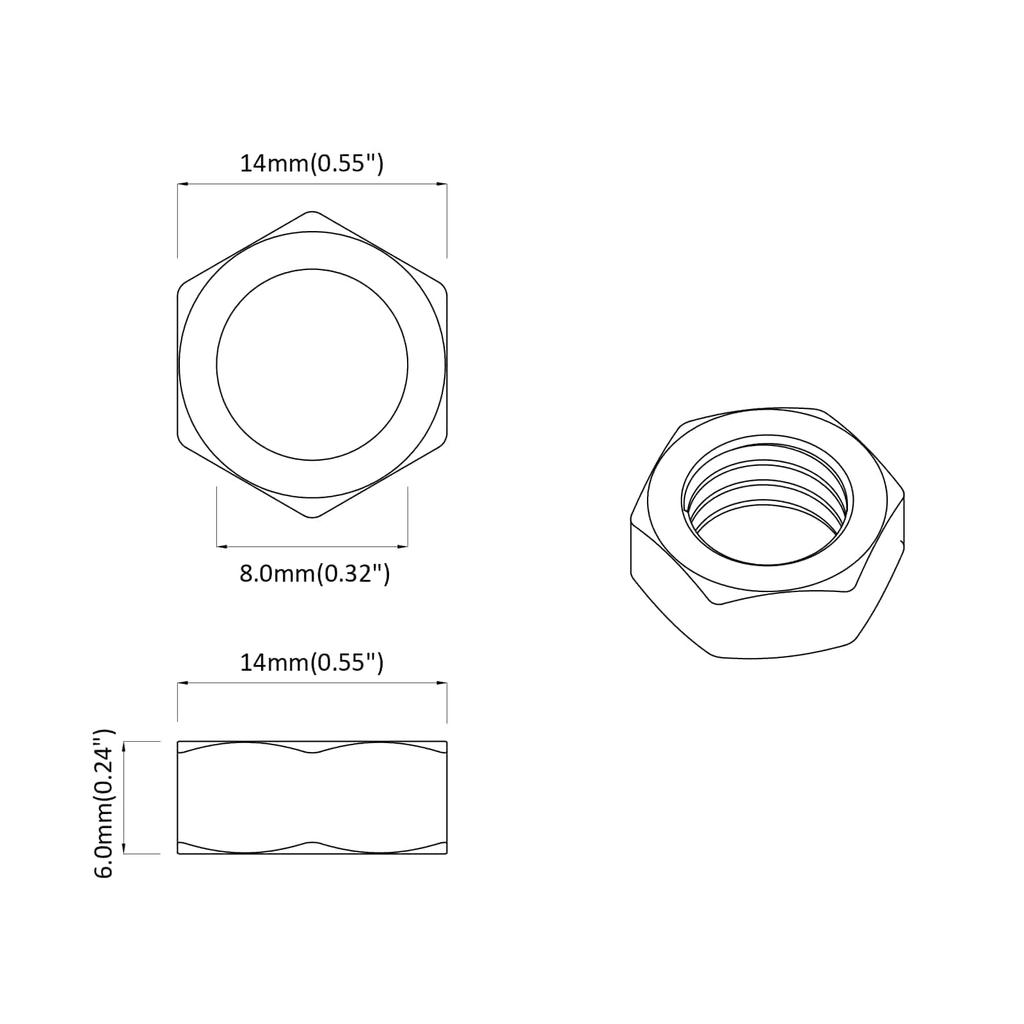 Hex Nut 2 Pcs Silver M8 Metal