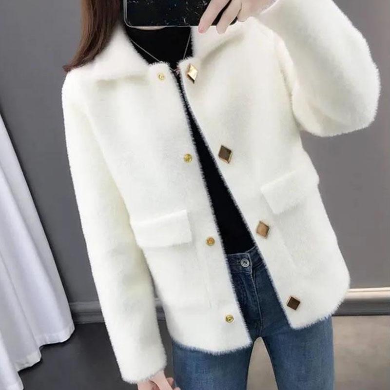 Fuzzy Cardigan Sweater for Women Imitation Mink Velvet Jacket Women Short Mohair Cardigan Lapel Knitted Cardigan Sweaters with Pockets