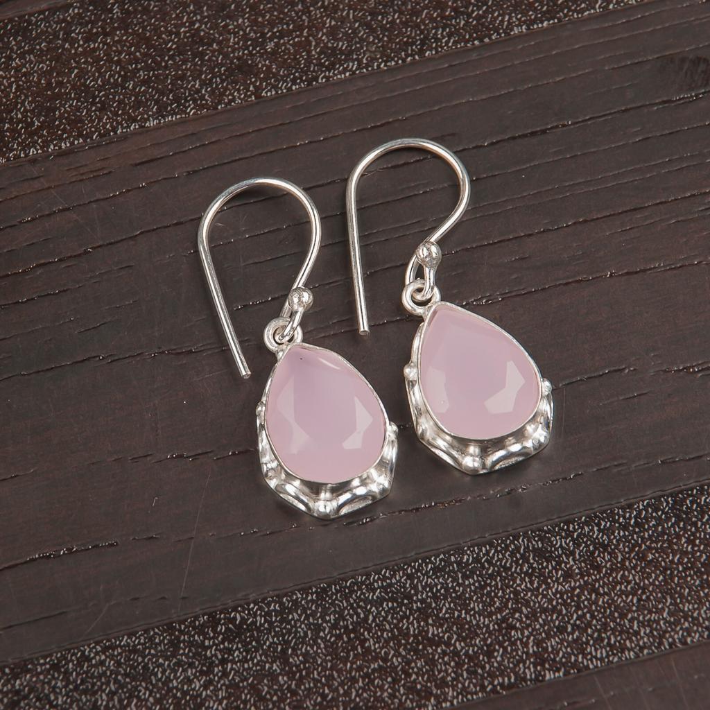 Natural Rose Chalcedony Gemstone 925 Sterling Silver Handcrafted Earrings 1.30" EE-3-15