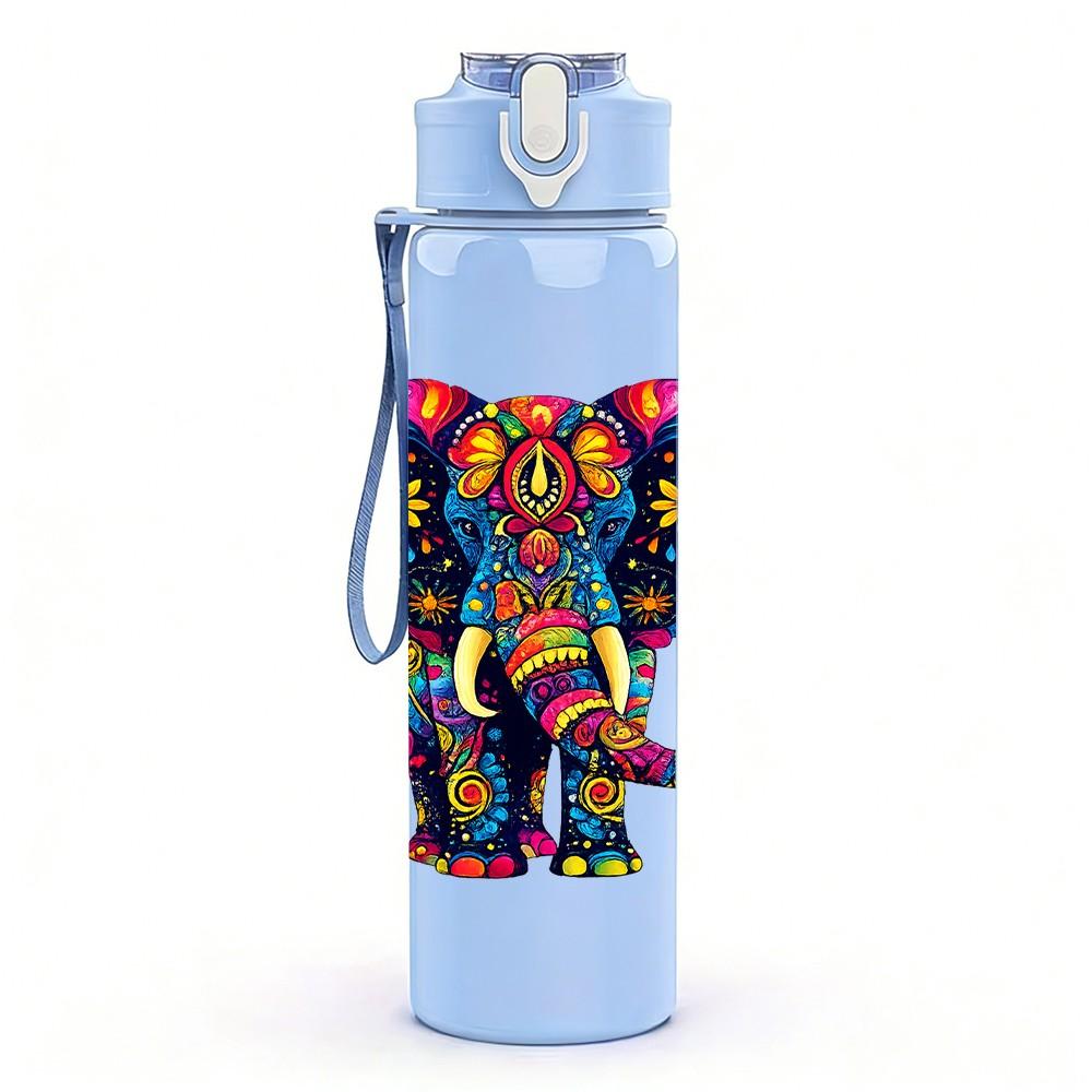 1PC Colorful Decorated Elephant Art Print 750ml Color Plastic Sports Water Bottle Leakproof Flip Straw Lid Suitable for Sports Office Home Use
