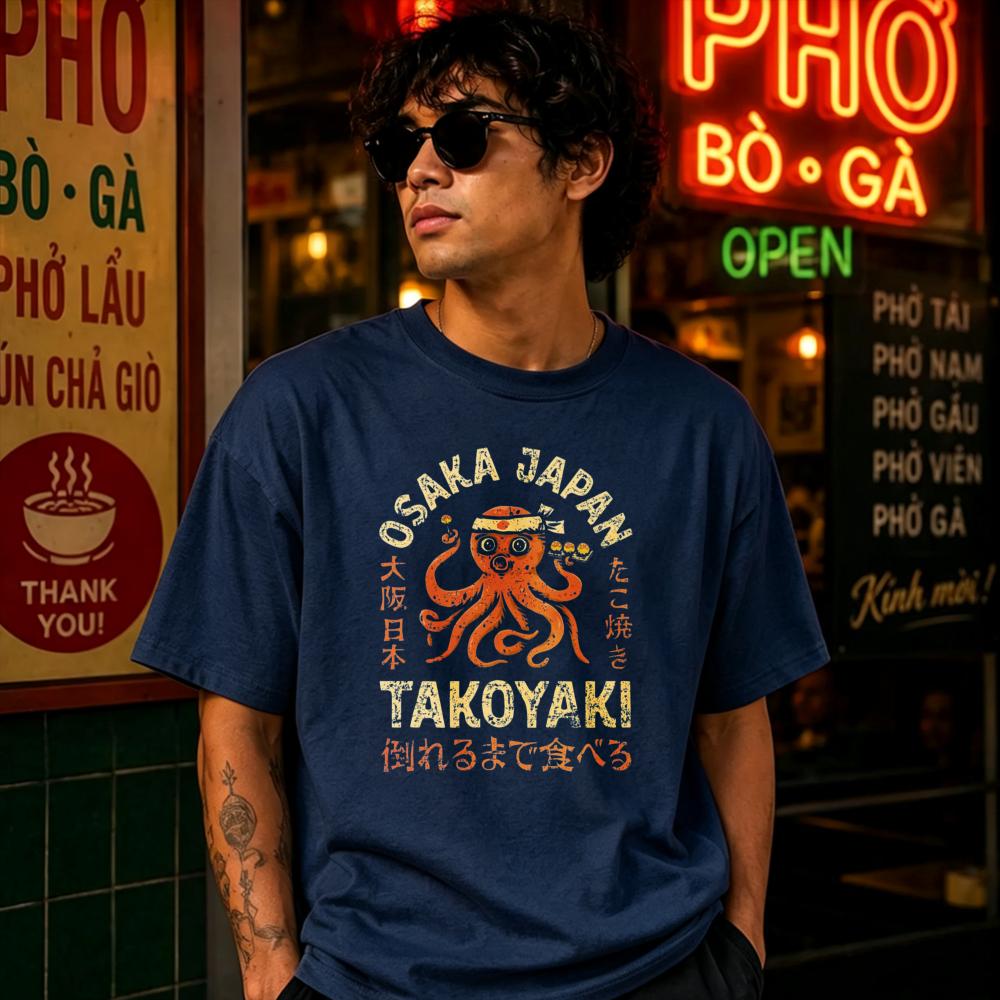 Vintage Distressed OSAKA JAPAN TAKOYAKI Octopus Japanese Food Graphic Cotton Tshirt Retro Streetwear Loose Casual Daily Tee Tops