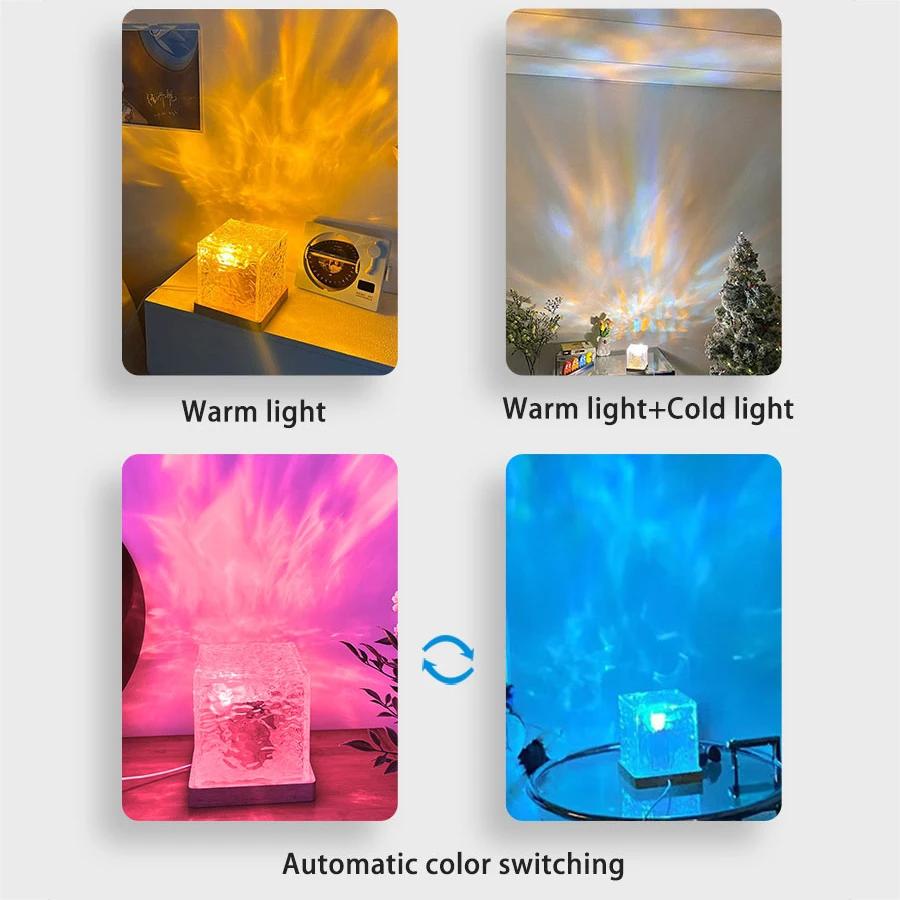 Water Ripple Projector Lamp with Rotating Flame Crystal Effect, 3/16 Colors Sunset Night Light for Home Decoration and Gifts