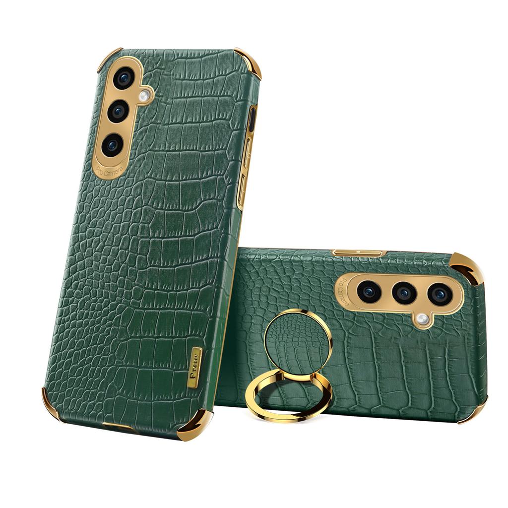 For Samsung Galaxy S24+ Cell Phone Case Crocodile Texture Leather+TPU Back Cover with Ring Kickstand