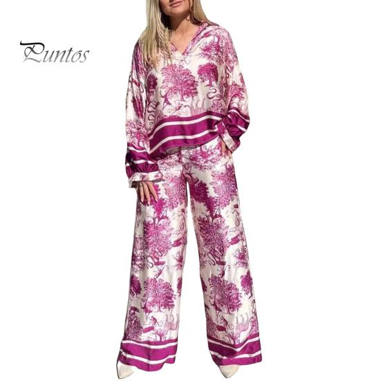 2 Pcs/Set T-shirt Pants Set Floral Print V Neck Long Sleeve Bohemian Striped Top Wide Leg Elastic Waist Pockets Trousers Lady Casual Clothes