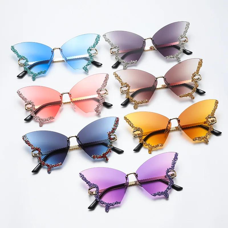 New Luxury Rimless Anti Blue Light Butterfly Sunglasses Ladies Fashion Unique Outdoor Eye Protection Eyewear Diamond Goggles