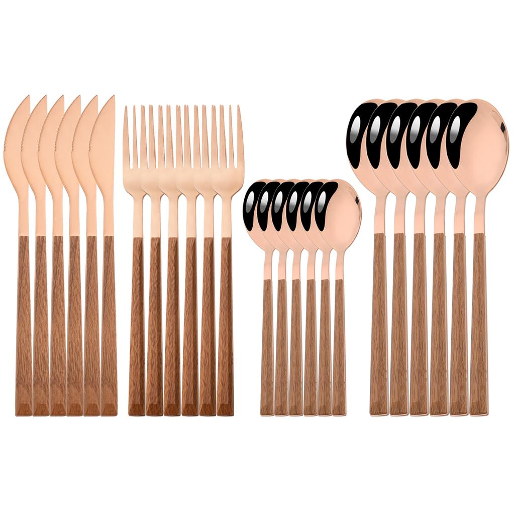 16/24/30Pcs Gold Imitation Wooden Handle Dinnerware Cutlery Set Stainless Steel Tableware Knife Fork Spoons Silverware Western Flatware