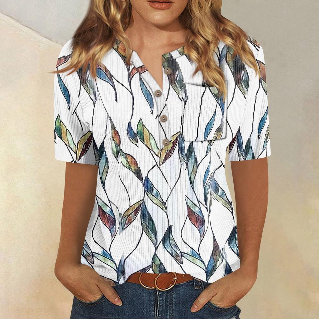 Футболки для женщин, плиссированные, с V-образным вырезом, нарядные, повседневные блузки с принтом, короткие рукава, летние топы, свободный крой