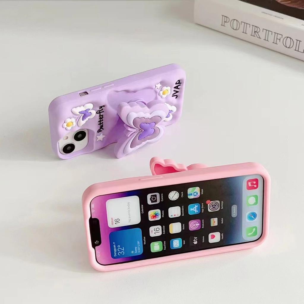 Милый 3D розовый силиконовый чехол для телефона с бабочкой для iPhone 16 15 14 13 12 11 Pro Xs Max X Xr милый противоударный мягкий чехол