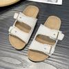 Fashion 2024 Summer Women's Two Buckle Cork Slippers Cow Suede Leather Flats Sandals For Women Retro Sewing Garden Mule Clog Slides