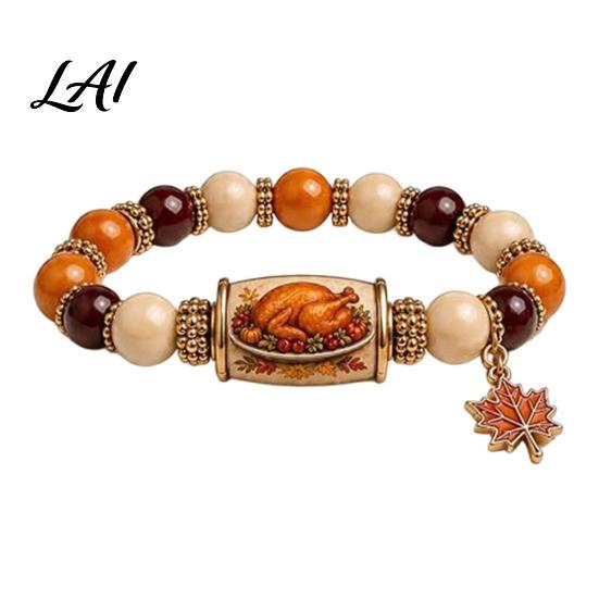 Retro Bead Stretch Bracelet Thanksgiving for Women Holiday Beaded with Elastic Fit Jewelry Maple Leaf Charm Fall Harvest Warm Color Autumn Accessory