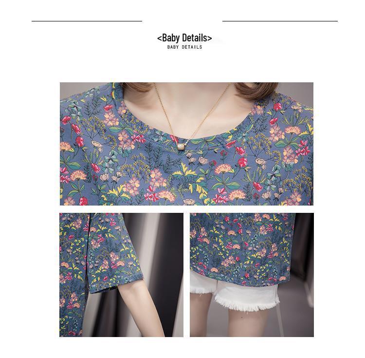 Женская футболка с цветочным принтом, с коротким рукавом - Лето 2023, Приталенный свободный крой, Модная омолаживающая блузка для мам