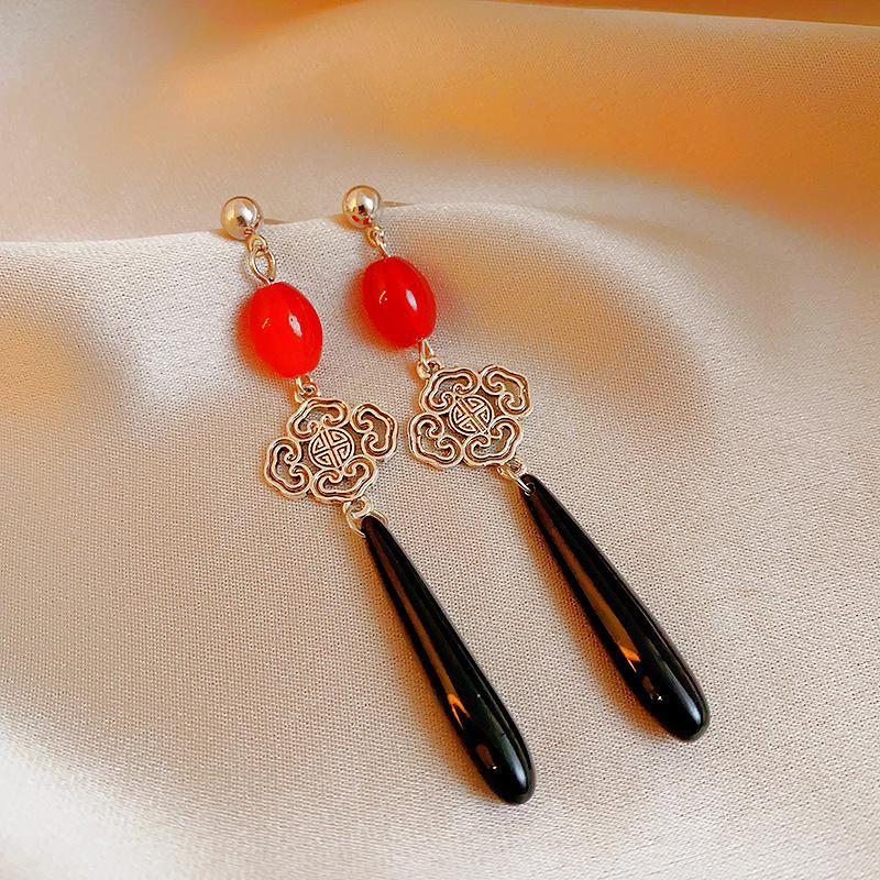 Silver needle dripping oil water drop fringed earrings antique literary and versatile earrings new Chinese retro temperament earrings women