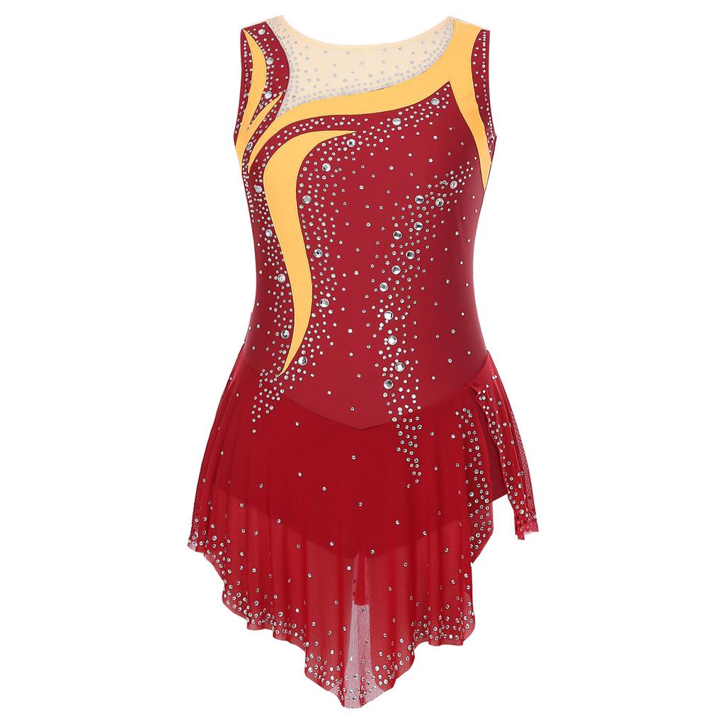 Женский купальник для художественной гимнастики с круглым вырезом, без рукавов, контрастной расцветки, пэчворк, стразы, юбка с высоким разрезом