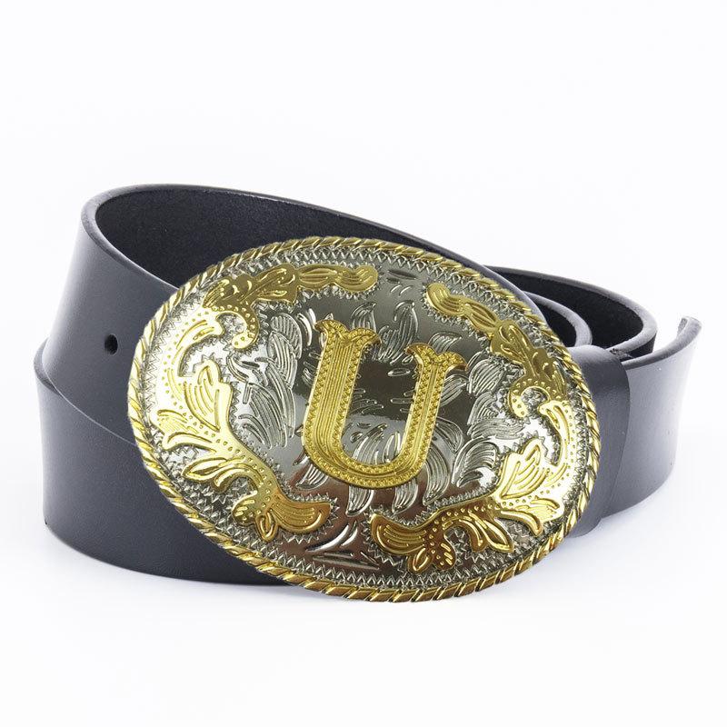 U-shaped Oval Plate Buckle Smooth Buckle Retro Style Cowhide Belt Whole Buffalo Leather Cutting Belt