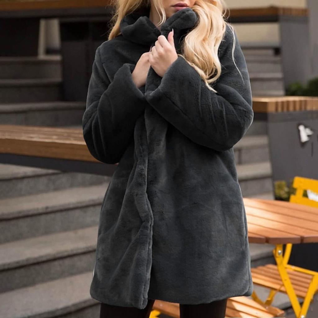 Women's Winter Faux Belt Pocket Plush Warm Jacket Notch Lapel Coat Outerwear Mid-Length