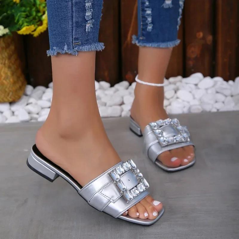 Fashion Fashionable Oversized Slippers for Women In Summer 2024, New Low Heel Square Buckle Rhinestone Minimalist Slippers for Women